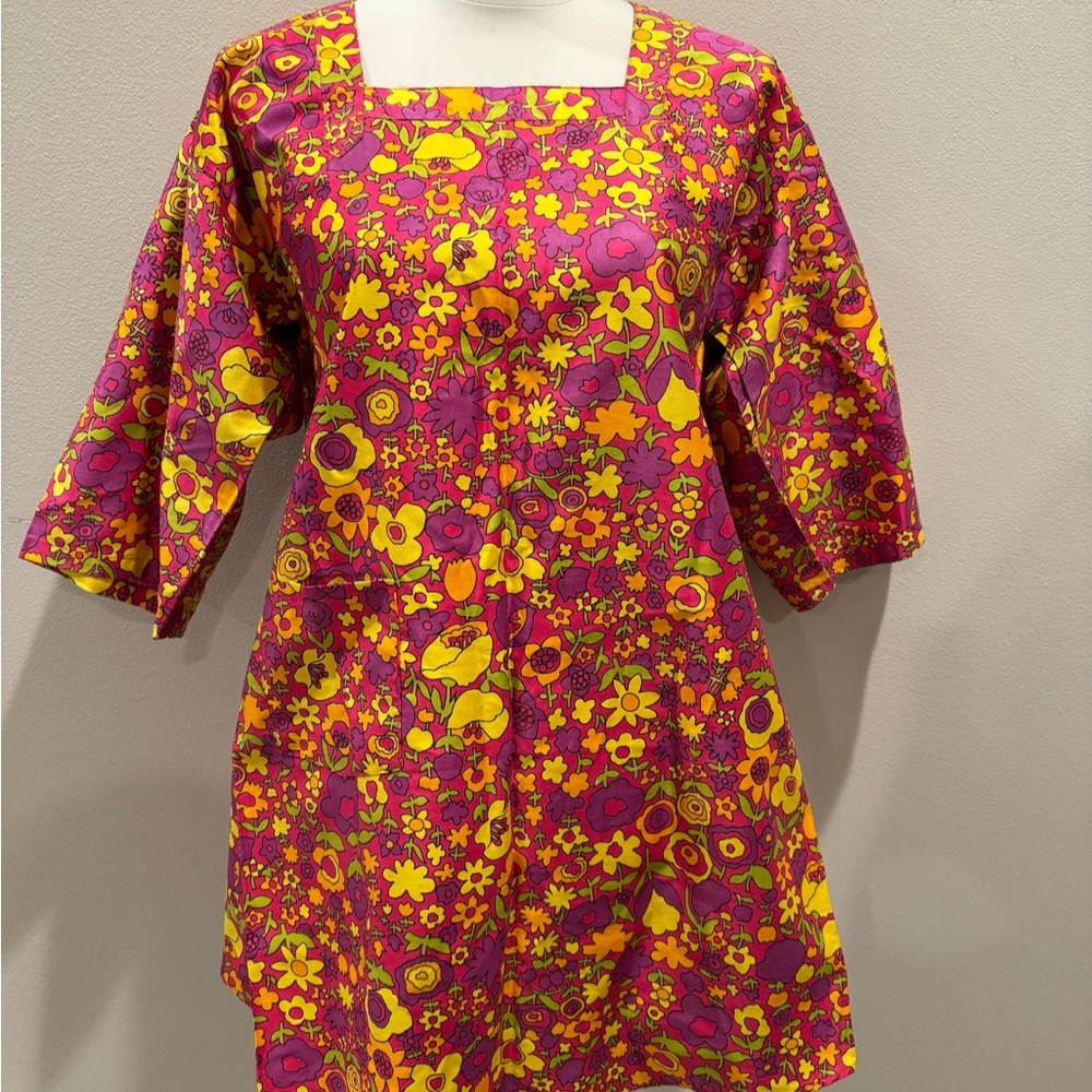 VTG Design House Smock Apron Vivid Orange Hot Pink Red Floral Print NEW